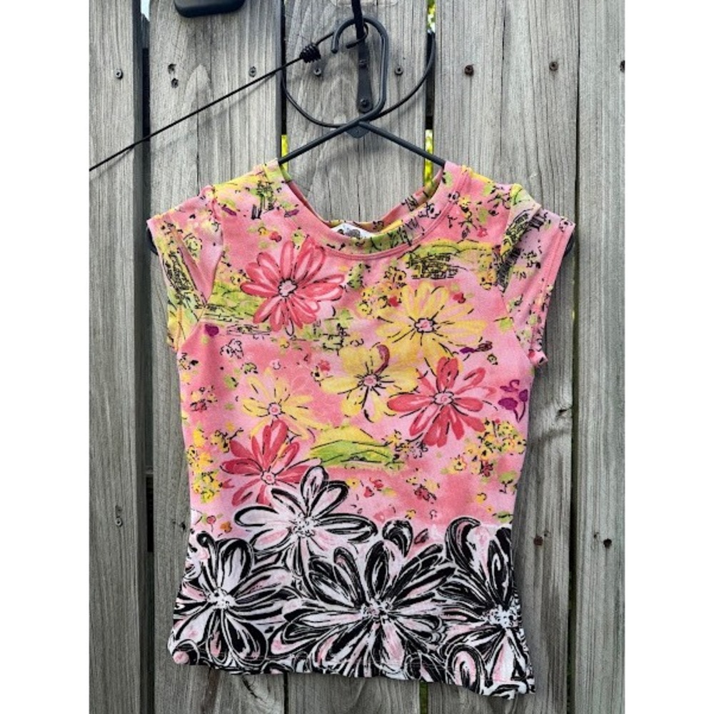 Y2K Floral Baby Tee George Short Sleeve Top Womens XS Pink Yellow